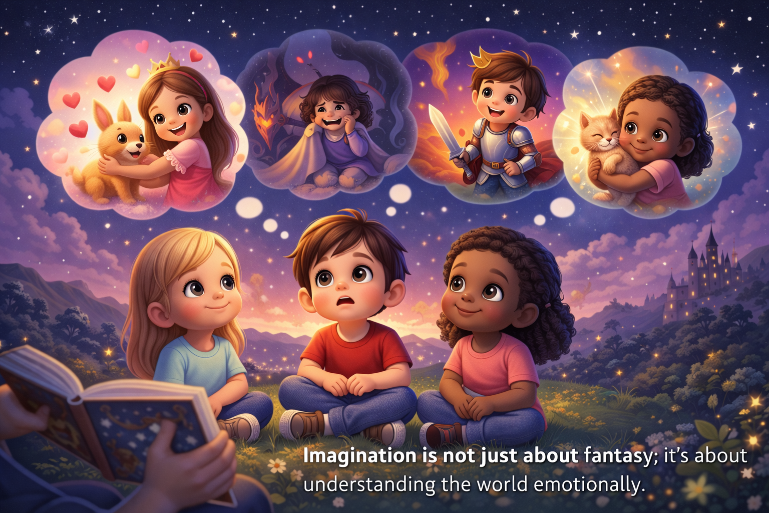 3D illustration of children imagining happy, scared, brave, and kind emotions while listening to a bedtime story