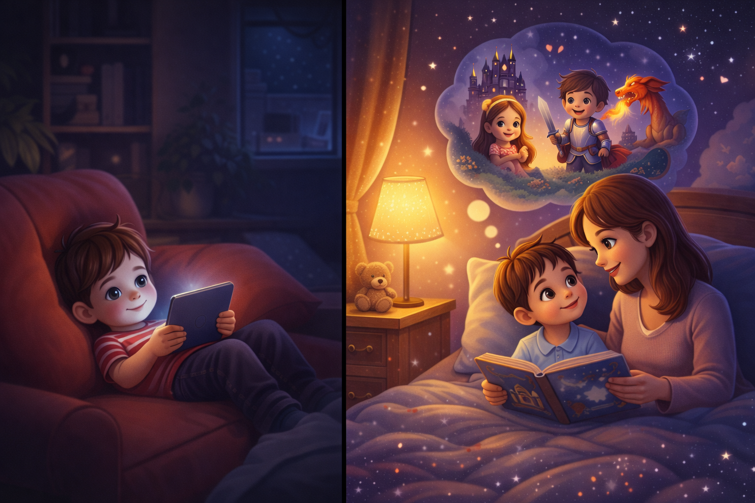 3D illustration showing a child using a tablet versus listening to a bedtime story to reduce screen time and build imagination