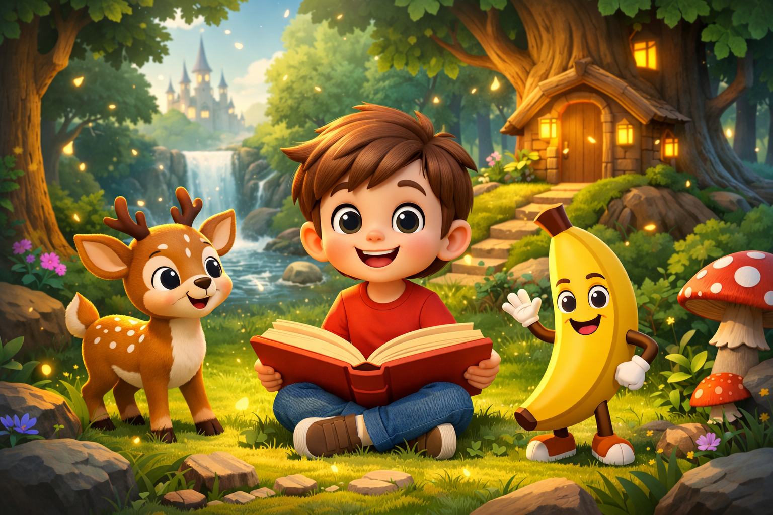 3D illustration showing how bedtime stories improve child imagination with a child imagining a deer, banana, and magical forest