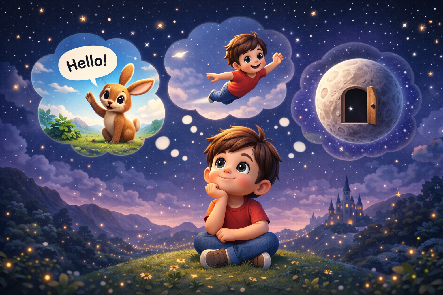 3D illustration of a child imagining talking animals, flying, and a magical moon door after listening to a bedtime story