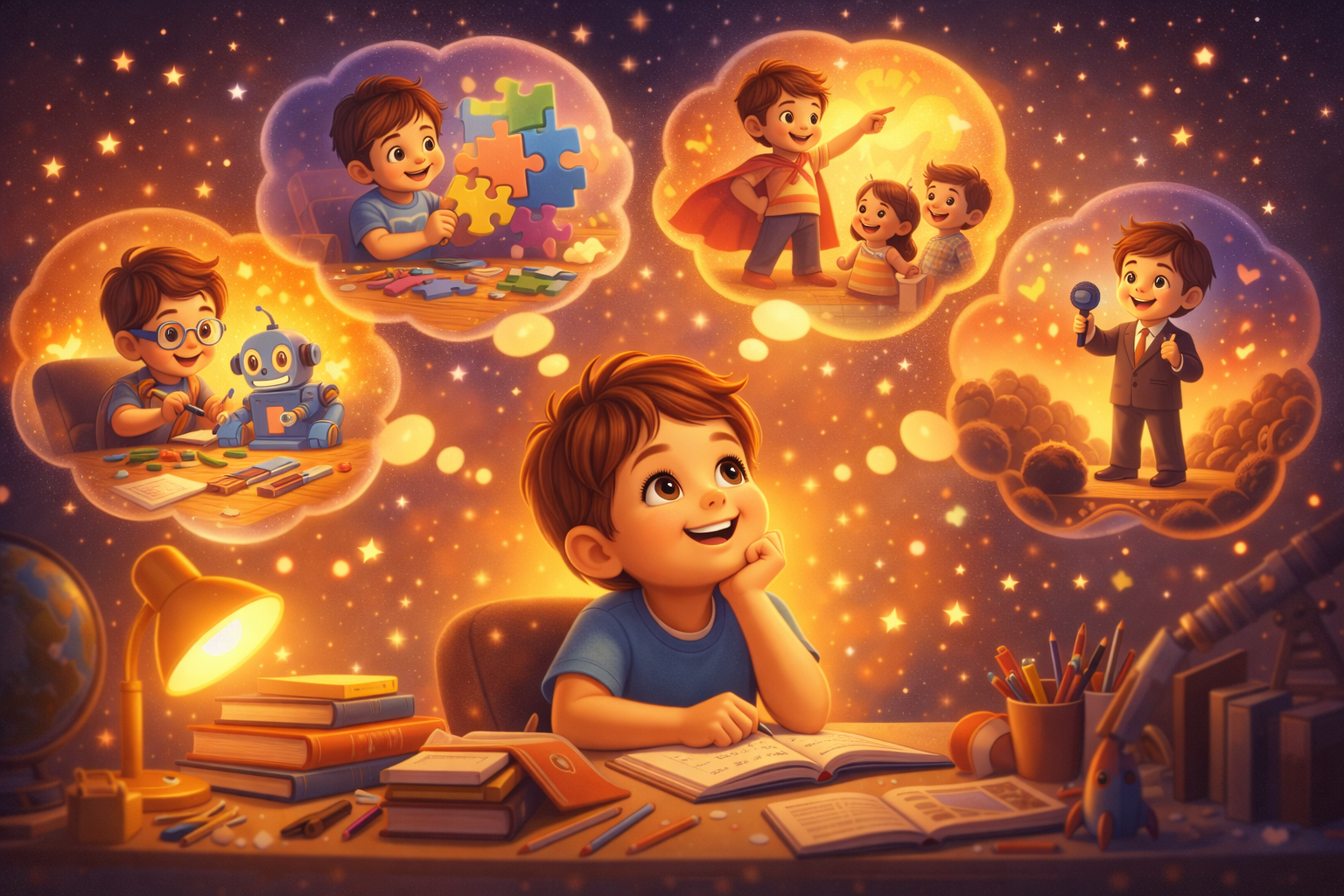 3D illustration of a child imagining future skills like problem-solving, leadership, innovation, and communication