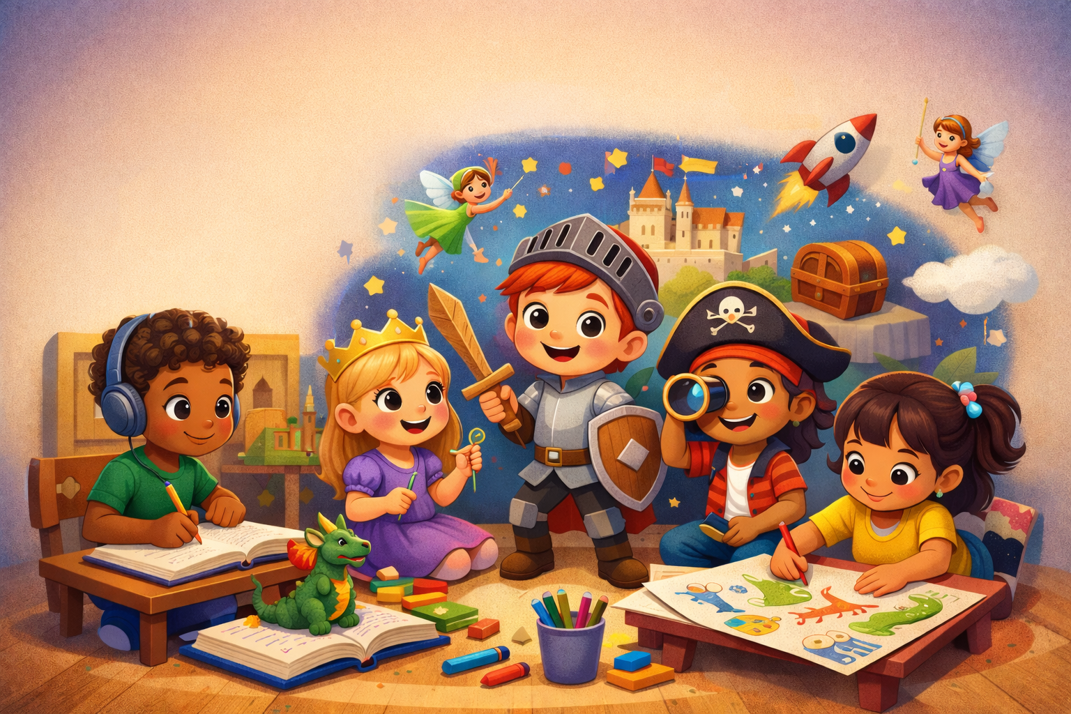 3D illustration of children imagining happy, scared, brave, and kind emotions while listening to a bedtime story